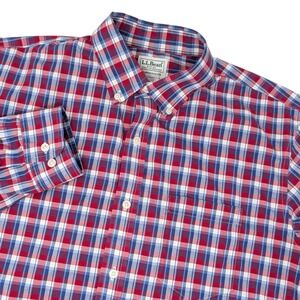 LL Bean Mens M-Tall Traditional Fit Plaid Button Down Red Blue Cotton 288293